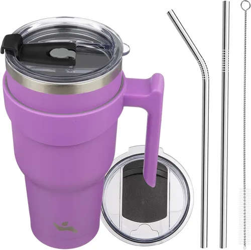 Vista 79 de Konokyo - Vaso de 10 onzas con asa y 2 popotes, 2 tapas, botella de agua aislada de acero inoxidable, taza de viaje reutilizable, color verde militar
