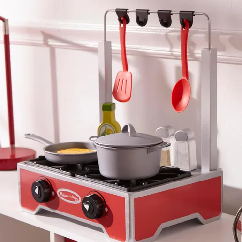 Vista 9 de Melissa & Doug Juego de cocina de madera de lujo de 19 piezas con comida de madera, olla y sartén duraderos