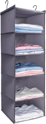Vista 26 de Organizador colgante para armario y almacenamiento con 3 estantes, estantes colgantes plegables de montaje fácil para guardar ropa, bolsos, zapatos