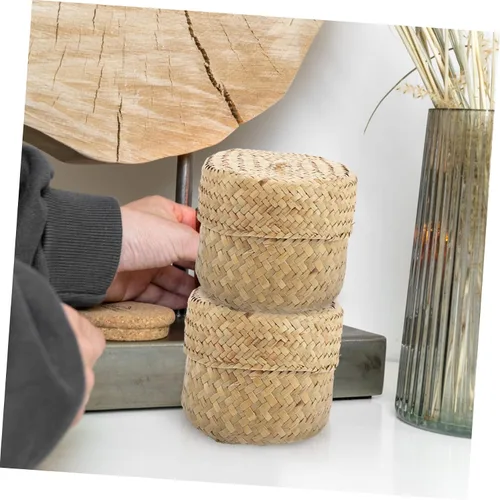 Vista 6 de Caja tejida hecha a mano de la cesta de la flor de la paja mini maneja redonda de la cesta