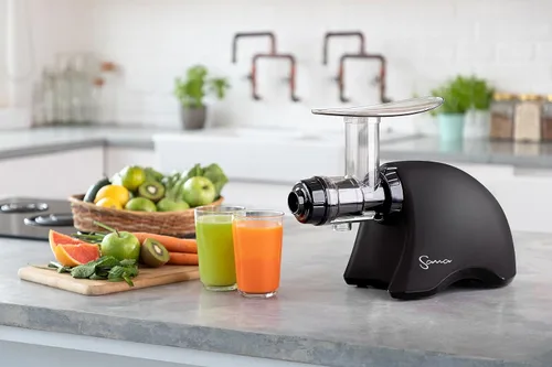 Vista 8 de Cold Press SANA 707 Exprimidor horizontal clásico de baja velocidad Fácil de limpiar, potente, alimentación automática, accesorio de apio, postres