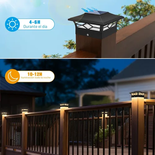 Vista 2 de Luces Solares para Tapas de Postes Exteriores Paquete de 4, Impermeables, Alimentadas por Energía Solar, Luces para Postes de Terraza y Valla