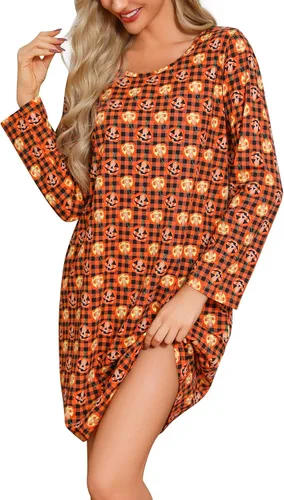 Vista 18 de ENJOYNIGHT Ropa de dormir de algodón para mujer, camisón de manga larga con estampado de camiseta para dormir ABC