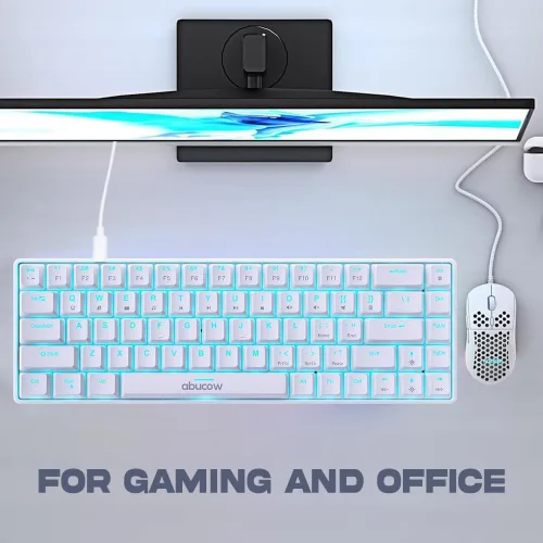 Vista 6 de abucow Teclado mecánico 65% para juegos, interruptor negro, teclado compacto con cable con luz de fondo azul, teclas blancas intercambiables