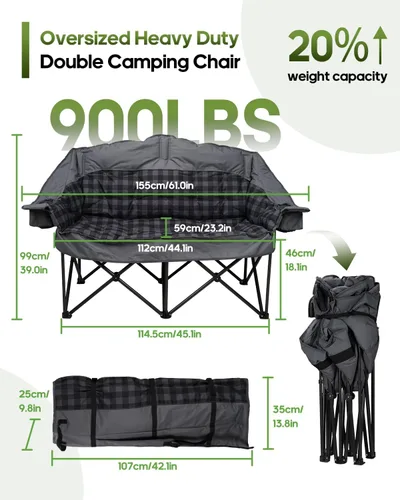 Vista 3 de Silla de campamento doble acolchada, sofá de campamento de gran tamaño para 2 personas con bolsa de transporte 2 en 1, silla de césped plegable Gris