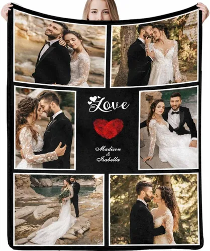 Vista 5 de Manta de fotos personalizada, manta de pareja de boda, con texto en inglés «He Asked And She Said Yes», 4 fotos, manta de boda, regalo romántico