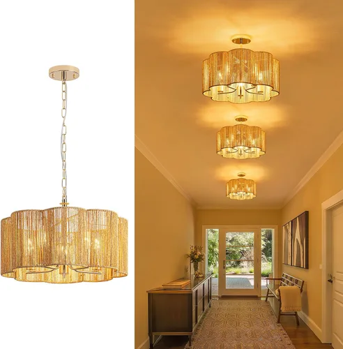 Vista 8 de ✿ Lámpara de Techo de Ratán Tejido a Mano de 13.8" con 3 Luces Montaje Empotrado Boho Negro para Dormitorio Pequeño y Guardería, Luz de Techo