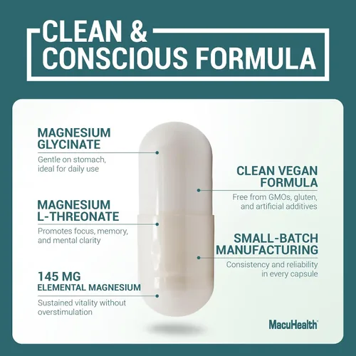 Vista 4 de MacuHealth Glicinato de magnesio y L-treonato 145mg - 90 cápsulas - Magnesio altamente absorbible para energía, calma y enfoque - Suave