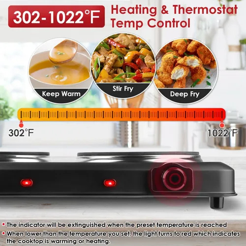 Vista 3 de TeqHome Quemador doble infrarrojo para encimera, placa eléctrica de 1800 W con placa de cocina de vidrio de cerámica de 7.5 pulgadas, temperatura