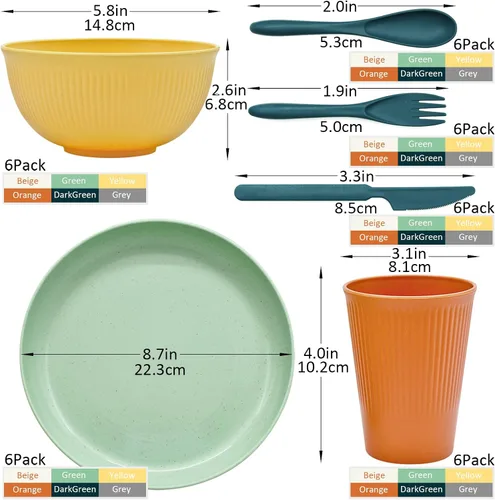Vista 2 de Juego de 36 platos y cuencos de paja de trigo, juego de vajilla de paja de trigo para 6 personas con platos, vasos, cuchillos, tenedores y cucharas