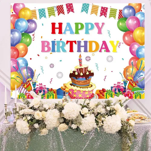 Vista 6 de Cartel de feliz cumpleaños, telón de fondo de globos coloridos para fiestas de niños, pasteles de colores grandes, fotografía, telón de fondo