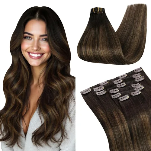 Vista 21 de Ugeat Extensiones de cabello humano con clip de 12 pulgadas, extensiones de cabello balayage con clip, marrón chocolate ombre, extensiones