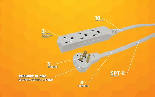 Vista 5 de Woods SlimLine Cable de extensión plano para interiores, 8 pies, enchufe de ángulo recto calibre 16, 3 tomas polarizadas, 125 voltios, blanco, 2241