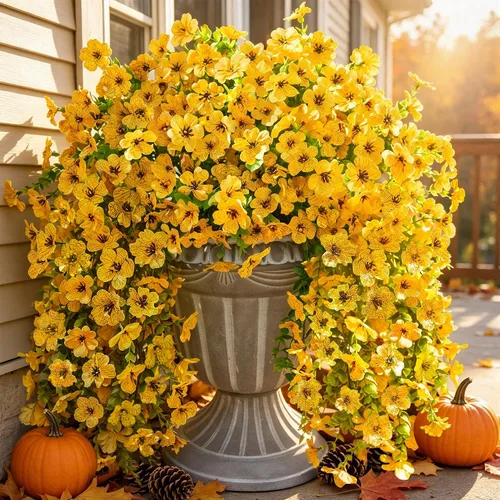 Vista 17 de Flores artificiales colgantes de imitación para decoración exterior de otoño, 2 piezas de violetas de seda falsas con eucalipto, resistentes a