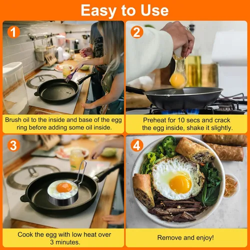 Vista 5 de HARFINGTON 2 anillos de huevo de 3.5 pulgadas de acero inoxidable antiadherente para panqueques con mango de silicona para freír huevos, sándwich