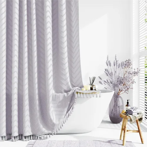 Vista 10 de Dynamene - Cortina de ducha de tela bohemia con rayas con chebrón en relieve, juego de cortina angosta para baño, media cortina impermeable de A.