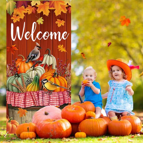 Vista 4 de Cartel de puerta de Acción de Gracias, decoración grande para puerta de otoño, pájaro, calabaza, telón de fondo, suministros de fiesta para cosecha