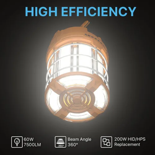 Vista 6 de HYPERLITE Luz de trabajo temporal LED 60W 7500LM 200W HID/HPS 5000K, luz de construcción colgante portátil con protector de seguridad de acero