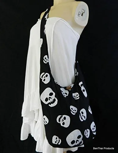 Vista 5 de BTP! - Bolso bandolera de algodón tailandés con diseño de calavera, punk rock, hippie, hobo, negro, (Black SKS5)