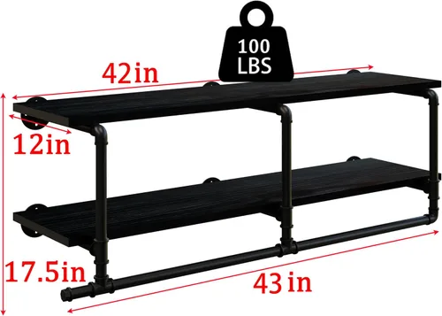 Vista 7 de Perchero de ropa montado en pared de 12 pulgadas de profundidad, perchero de ropa resistente de 42 pulgadas con estante de madera negra real, barra