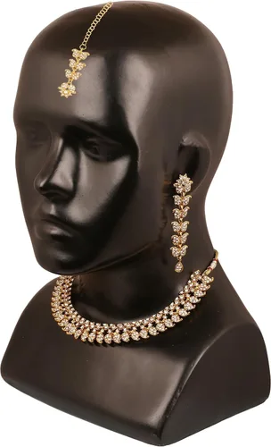 Vista 7 de Touchstone Conjunto de joyas indias para mujer, collar de boda, collar de oro, gargantilla de bollywood, aretes de diamantes de imitación, disfraz