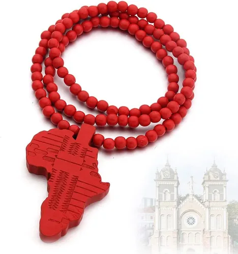 Vista 7 de Collar de cadena de cuentas de madera con dije de mapa de África, collar de hip hop, joyería de rapero para hombres