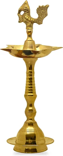 Vista 2 de SATVIK Juego de 2 piezas de 8.5 pulgadas de latón de pie con diseño de pavo real Kerala Samai Deepak Puja tradicional Panchmahal Pooja Deepam Diya