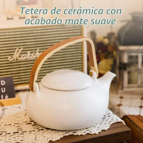 Vista 2 de Tetera ZENS con infusor, tetera de cerámica japonesa de 2 tazas para té de hojas sueltas, tetera de porcelana mate blanca pequeña de 800 ml