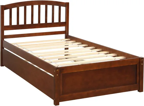 Vista 7 de Base de cama individual de madera maciza para niños con nido y cabecera curvada, base de cama de plataforma de perfil bajo con soporte de listones