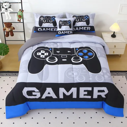 Vista 23 de JQinHome - Juego de edredón Gamer individual para niños y niñas, juego de cama en una bolsa de 6 piezas con diseño de videojuego 3D - Juego de ropa