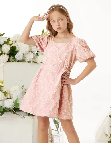 Vista 3 de GRACE KARIN Vestido de manga abombada para niñas de 6 a 12 años con cuello redondo y espalda cruzada