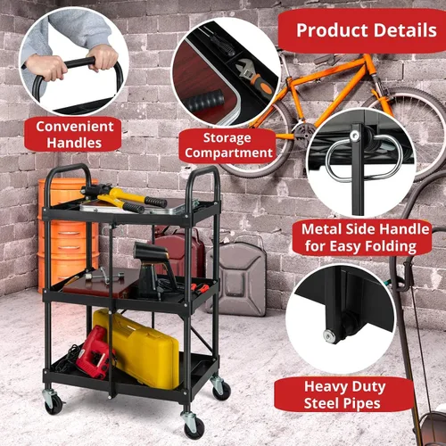 Vista 4 de IRONMAX Carrito de servicio plegable con ruedas, carrito plegable de 3 niveles de metal resistente con rueda universal y compartimentos, carrito