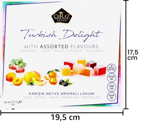 Vista 8 de Cerez Pazari - Delicia turca con sabores de fresa, melocotón, melón, mandarina, mora, Mezcla de sabores, Caja de regalo con aperitivos gourmet