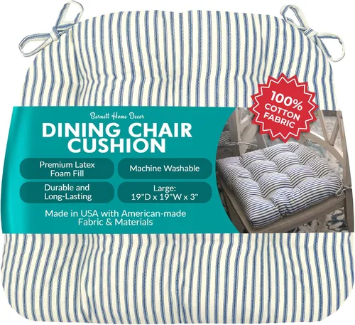 Vista 38 de Barnett Home Decor Ticking Stripe Berlin Blue - Almohadilla para silla de comedor con lazos, tamaño mediano 18, relleno de espuma de látex, lavable