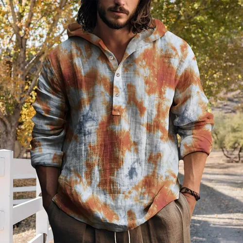 Vista 2 de Sudaderas con capucha para hombre, con estampado de teñido anudado, cuello en V, manga larga, con botones, de gran