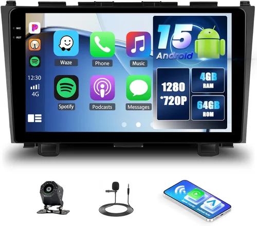 Vista 9 de 4 núcleos+64G Android 15 para Honda CRV 2007-2011 Radio de coche estéreo con A-pple inalámbrico CarPlay Android Auto WiFi GPS, pantalla táctil de 9