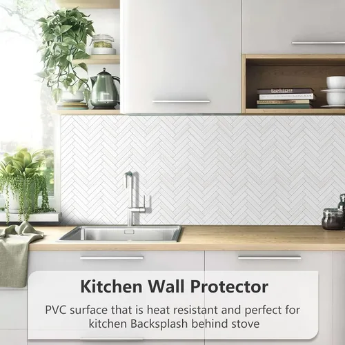 Vista 6 de Vamos Tile Azulejo Blanco Brillante de Dolomita Despegar y Pegar para Salpicaderas - 10 Hojas Azulejos de PVC Autoadhesivos en Espiga para Pegar