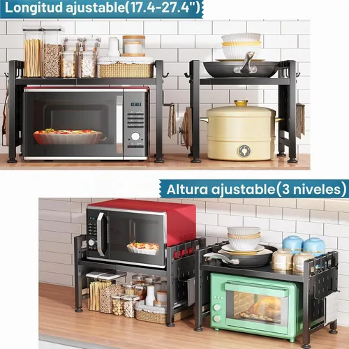 Vista 4 de Kitstorack Estante ajustable para horno de microondas, estante para microondas resistente de 2 niveles con tablas de cortar, soporte para estantes