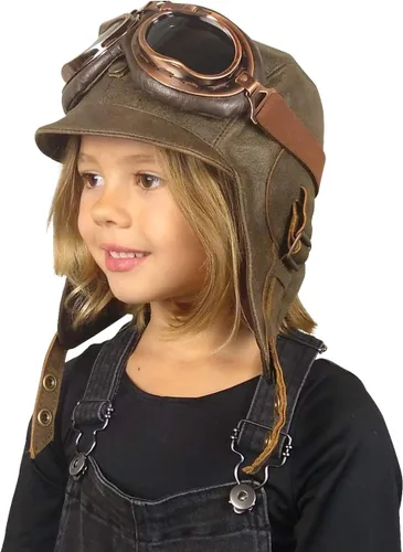 Vista 3 de Sombrero de aviador para niños, cuero marrón real, disfraz, casco volador de piloto, sombrero steampunk para niños