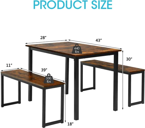 Vista 7 de COSTWAY Juego de mesa de comedor de 3 piezas para 4, mesa de cocina rectangular con 2 bancos, juego de mesa industrial de altura de mostrador