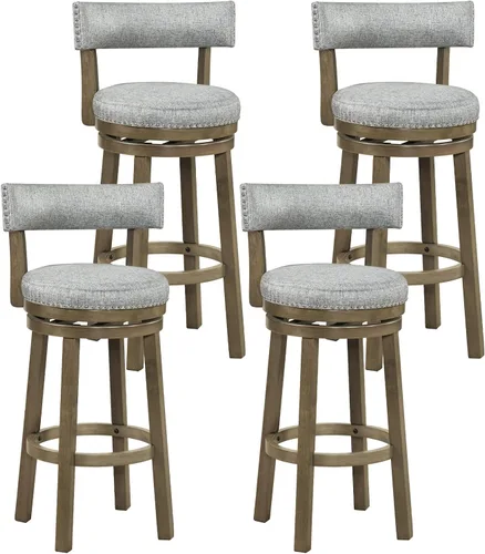 Vista 10 de COSTWAY Taburete de bar giratorio de 27 pulgadas, con respaldo acolchado y patas de madera de goma, silla de desayuno para isla de cocina