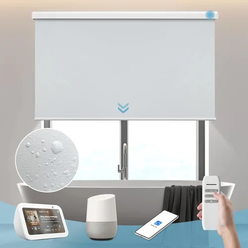 Vista 28 de Persiana enrollable inteligente 100 % opaca, pantalla motorizada compatible con Alexa Google, persiana de control de aplicación para ventana Tela