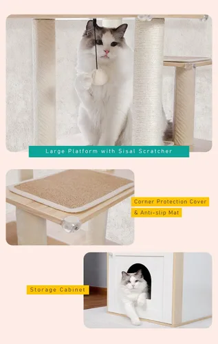 Vista 5 de PETEPELA Árbol para gatos de 56.7 pulgadas con caja de arena, torre grande de madera para gatos de interior con armario de almacenamiento y acogedor