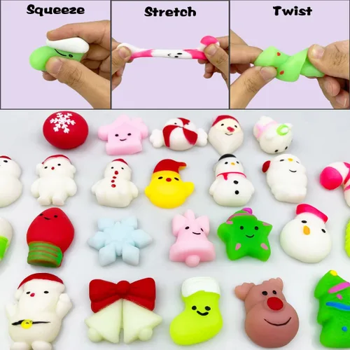 Vista 3 de Anditoy 100 piezas de juguetes esponjosos de Navidad Mochi Squishy de Navidad, juguetes esponjosos de Navidad para niños, niñas, niños pequeños