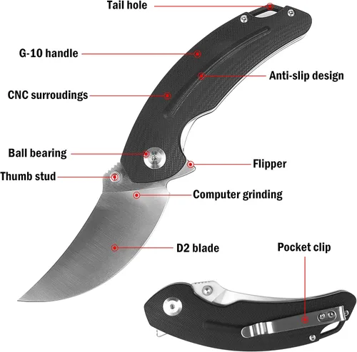 Vista 2 de RPG Talon - Cuchillo de bolsillo plegable, punto de arrastre de 3.2 pulgadas, hoja de acero D2, mango G10 y clip de bolsillo, cuchillos