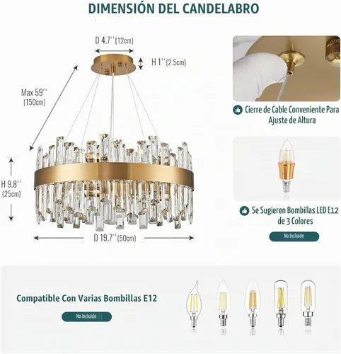 Vista 9 de Siljoy - Candelabro de cristal moderno, 12 luces, lujoso, redondo, de 2 niveles, con cristal K9 en forma de gota de lluvia, lámpara colgante de Oro