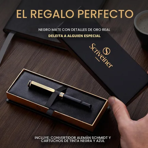 Vista 3 de Scriveiner Pluma Estilográfica EDC de Lujo (Mediana), Impresionante Pluma de Bolsillo Negra de Lujo, Chapado en Oro Real, Plumín Dorado Schmidt 1.