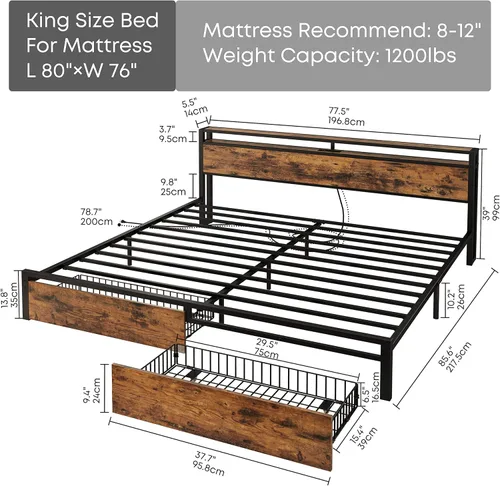 Vista 2 de LIKIMIO Marco de cama King con cabecera de almacenamiento, cama de plataforma con cajones y estación de carga, no necesita somier, fácil montaje