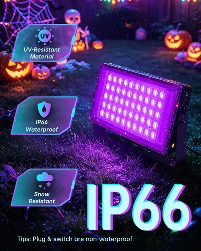 Vista 3 de Luces negras de 50 W con interruptor+enchufe, impermeable IP66, luz LED de inundación de luz negra para fiesta brillante, Halloween, dormitorio
