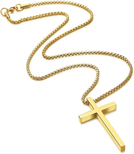 Vista 4 de Ursteel - Collar con dije de cruz de acero inoxidable para hombre, cadena de eslabones cuadrados de 16 a 30 pulgadas, color plateado, negro, dorado